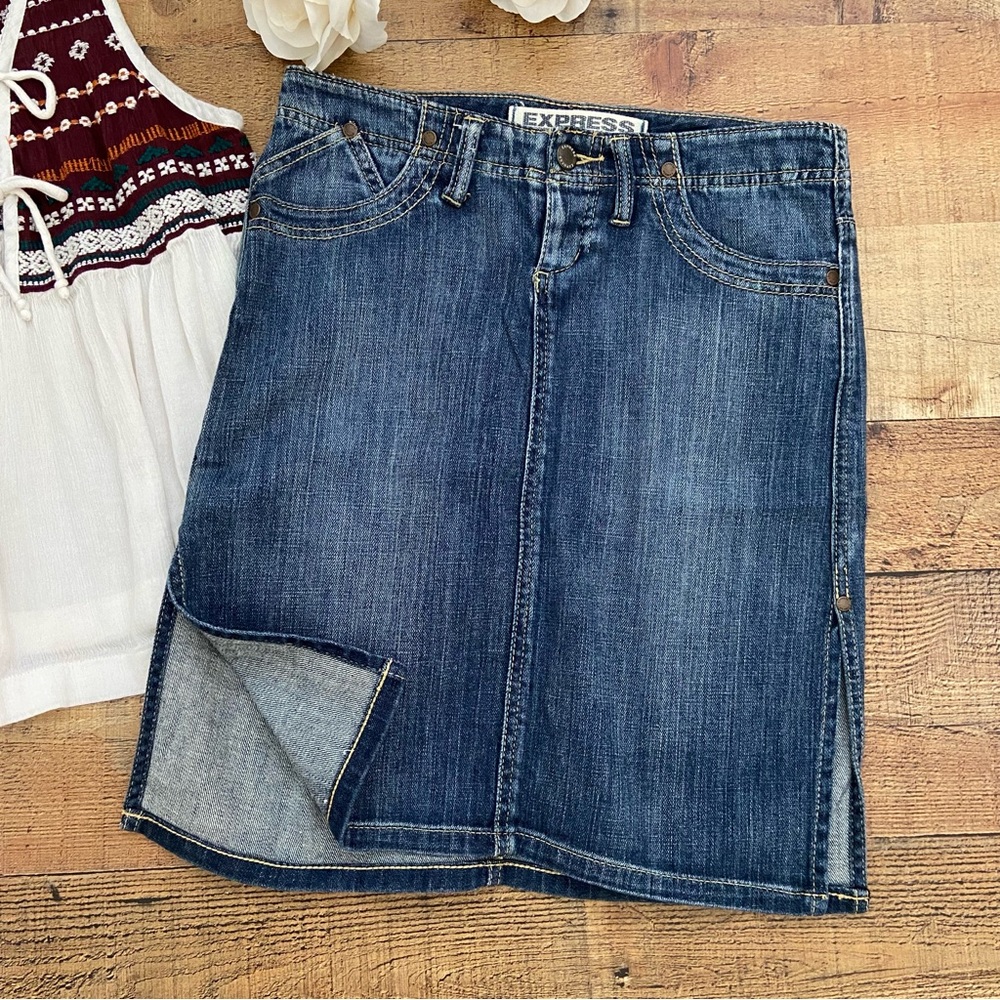 Skirt Denim Jean EXPRESS Stretch Mini Skirt with Large Slits on Each Side - Picture 1 of 12